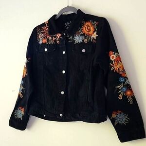 Kyla Seo Boho Black Floral Embroidered Back & Sleeves Denim Jean Jacket S